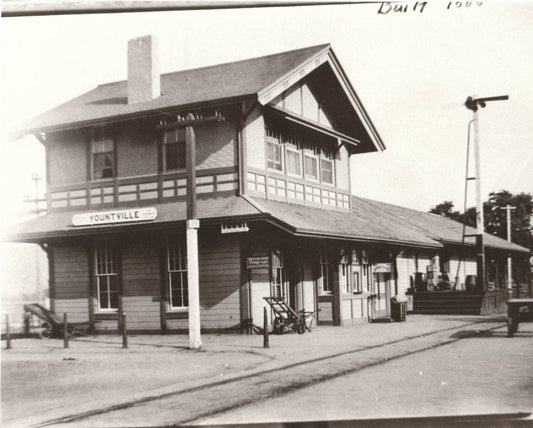 Black and white image of historic Yountville Station building